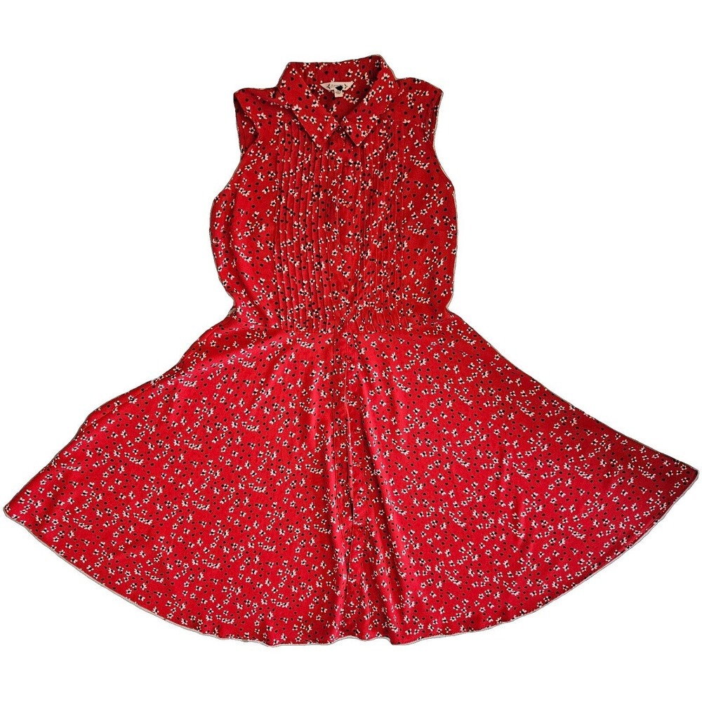Nanette Lepore Floral Shirt‎ Dress Sz 8 Red Sleeveless Pintuck Pleats NO BELT
